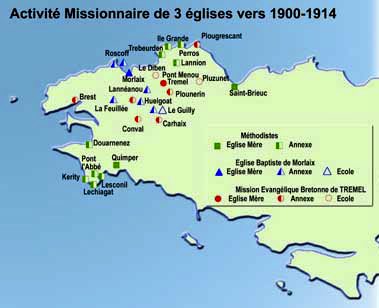 Centre Missionnaire Carhaix - carte 3 - Activité Missionnaire de 3 églises vers 1900-1914